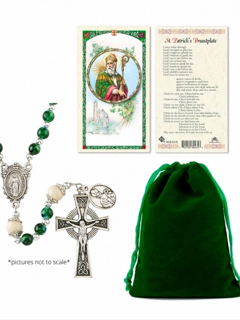 Irish Celtic Green Marbled Rosary with Laminated St. Patrick Prayer Card & Pouch